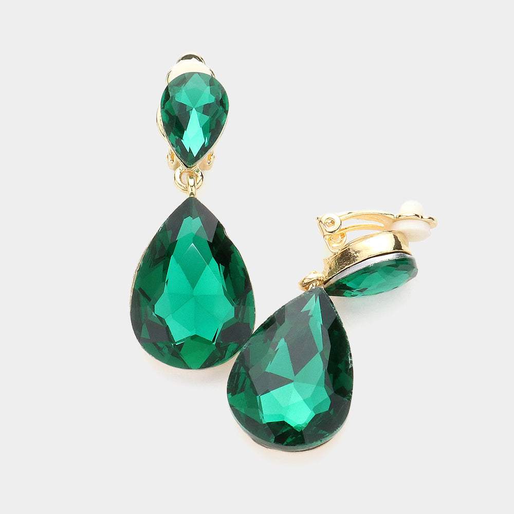 Double Teardrop Stone Link Clip on Evening Earrings - Madeline Love - Flyclothing LLC