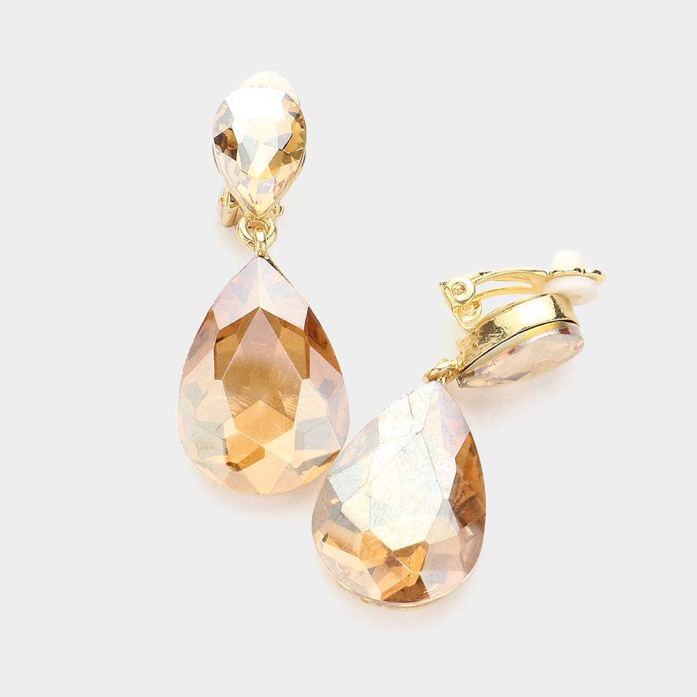 Double Teardrop Stone Link Clip on Evening Earrings - Madeline Love - Flyclothing LLC