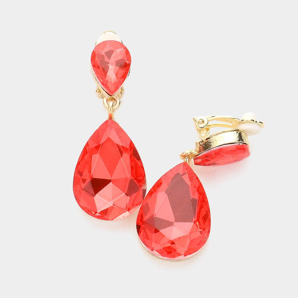 Double Teardrop Stone Link Clip on Evening Earrings - Madeline Love - Flyclothing LLC