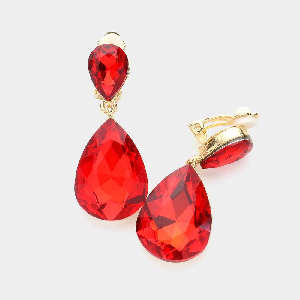 Double Teardrop Stone Link Clip on Evening Earrings - Madeline Love - Flyclothing LLC