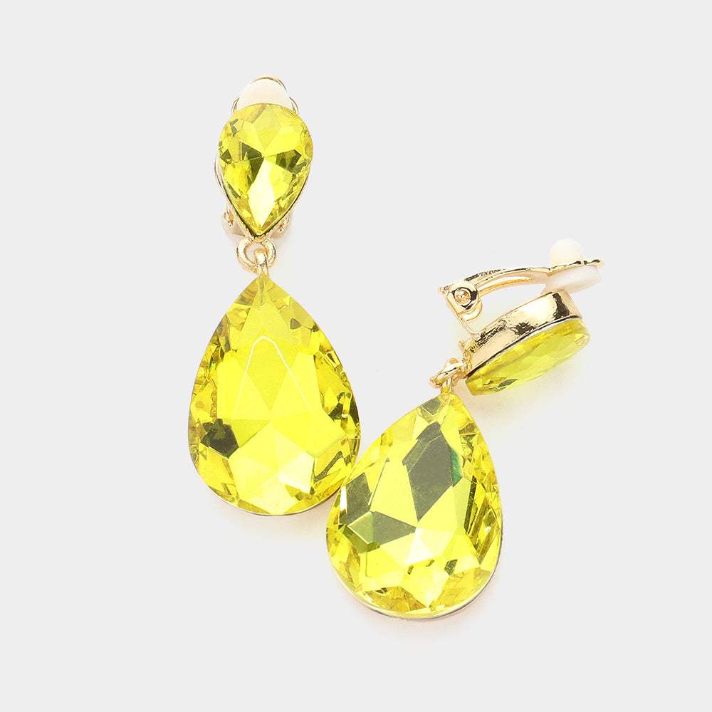 Double Teardrop Stone Link Clip on Evening Earrings - Madeline Love - Flyclothing LLC
