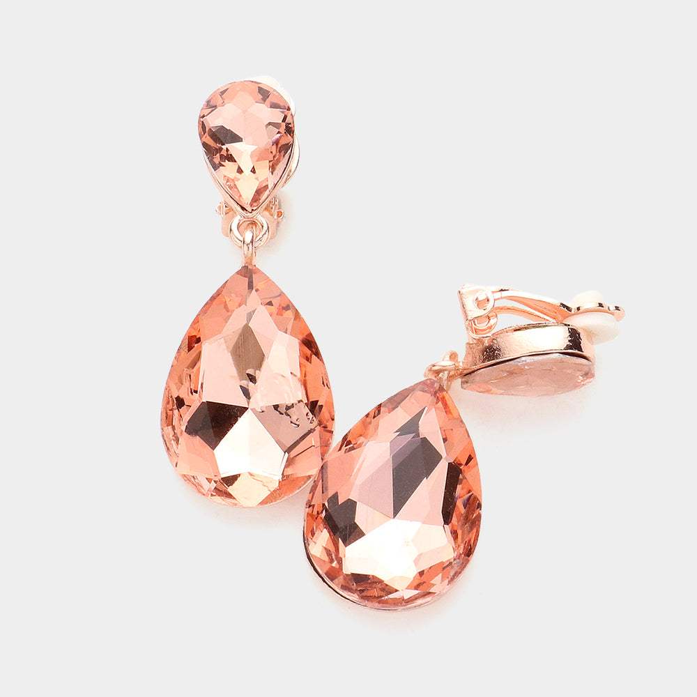Double Teardrop Stone Link Clip on Evening Earrings - Madeline Love - Flyclothing LLC