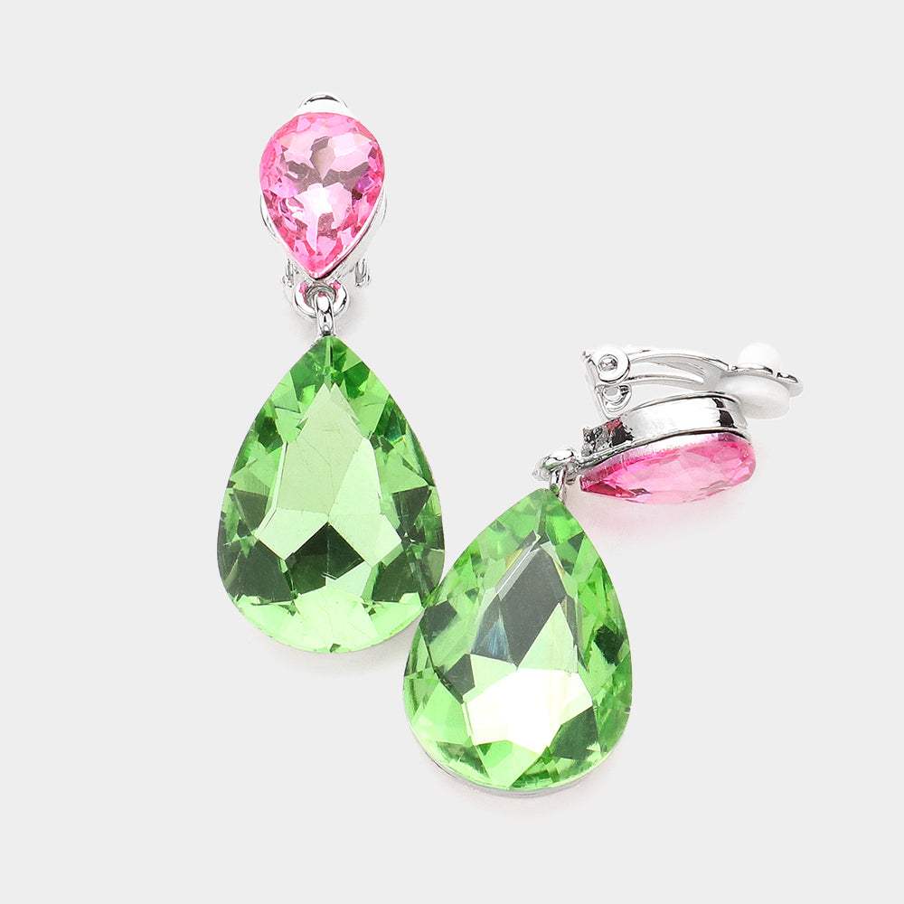 Double Teardrop Stone Link Clip on Evening Earrings - Madeline Love - Flyclothing LLC