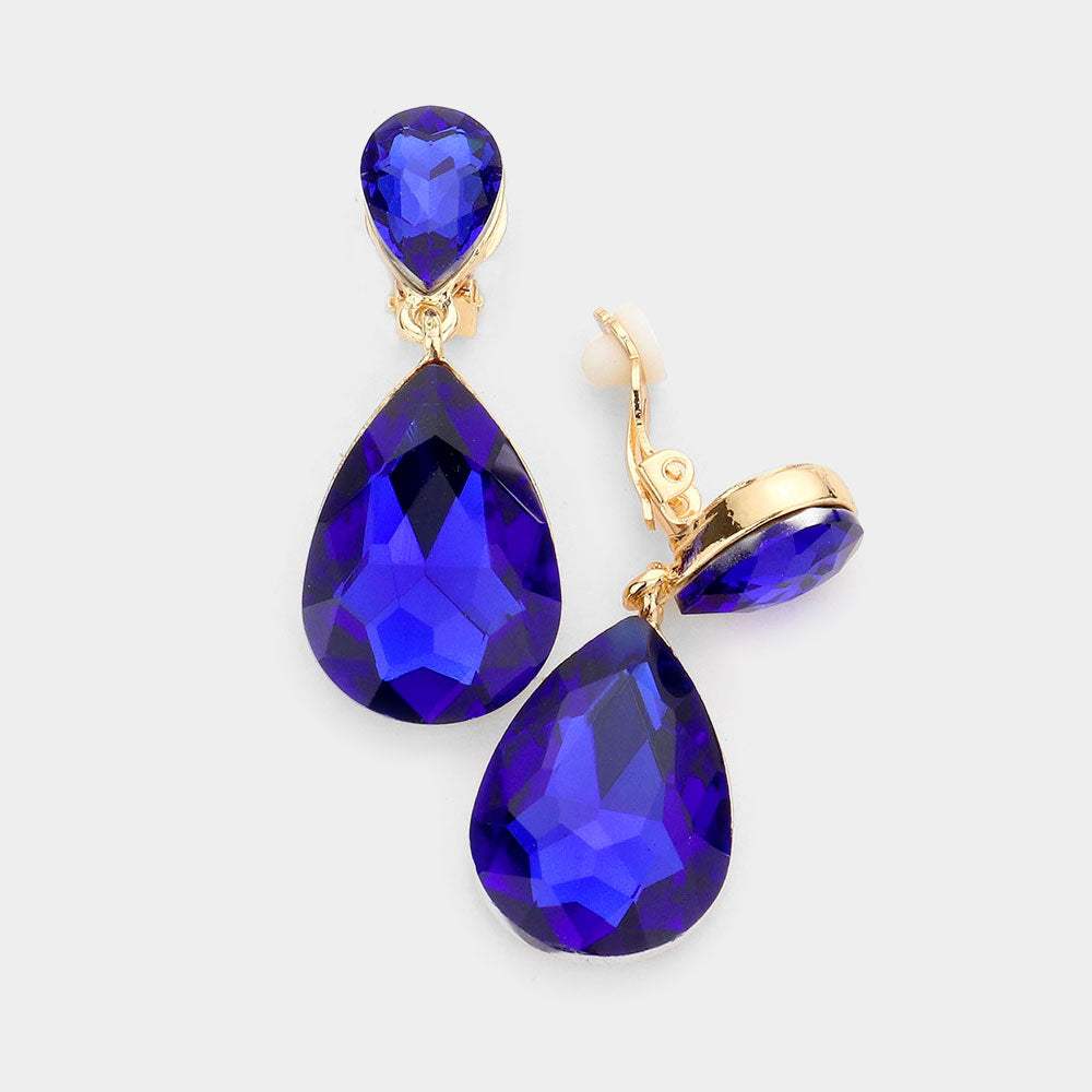 Double Teardrop Stone Link Clip on Evening Earrings - Madeline Love - Flyclothing LLC