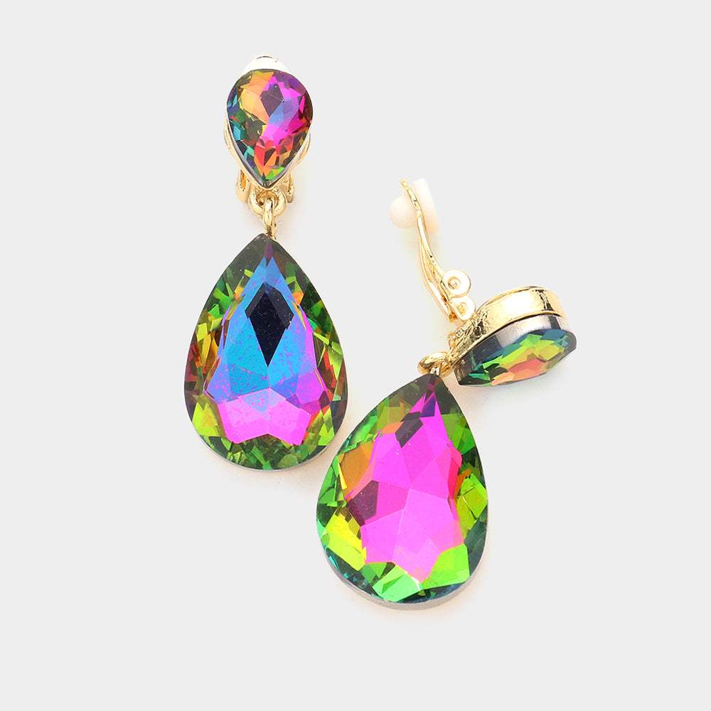 Double Teardrop Stone Link Clip on Evening Earrings - Madeline Love - Flyclothing LLC