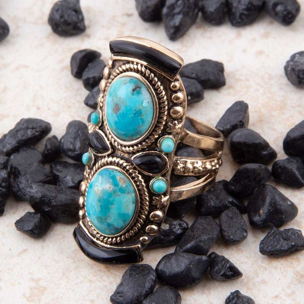 Double Up Blue Turquoise and Black Onyx Golden Ring - Barse Jewelry - Flyclothing LLC