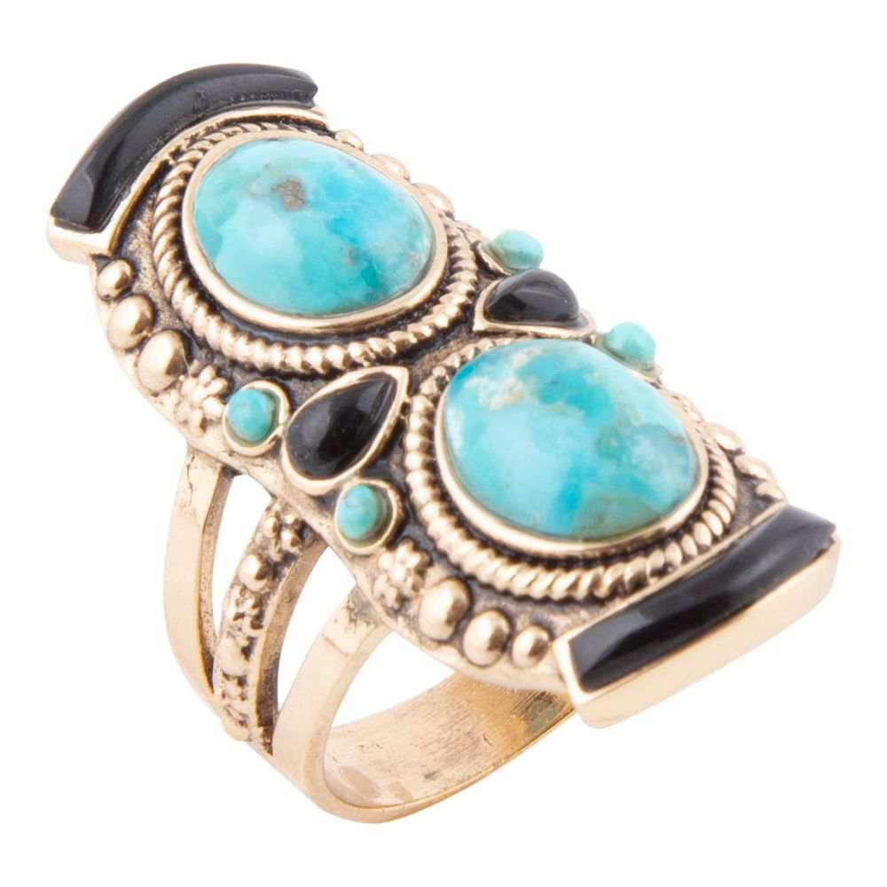 Double Up Blue Turquoise and Black Onyx Golden Ring - Barse Jewelry - Flyclothing LLC