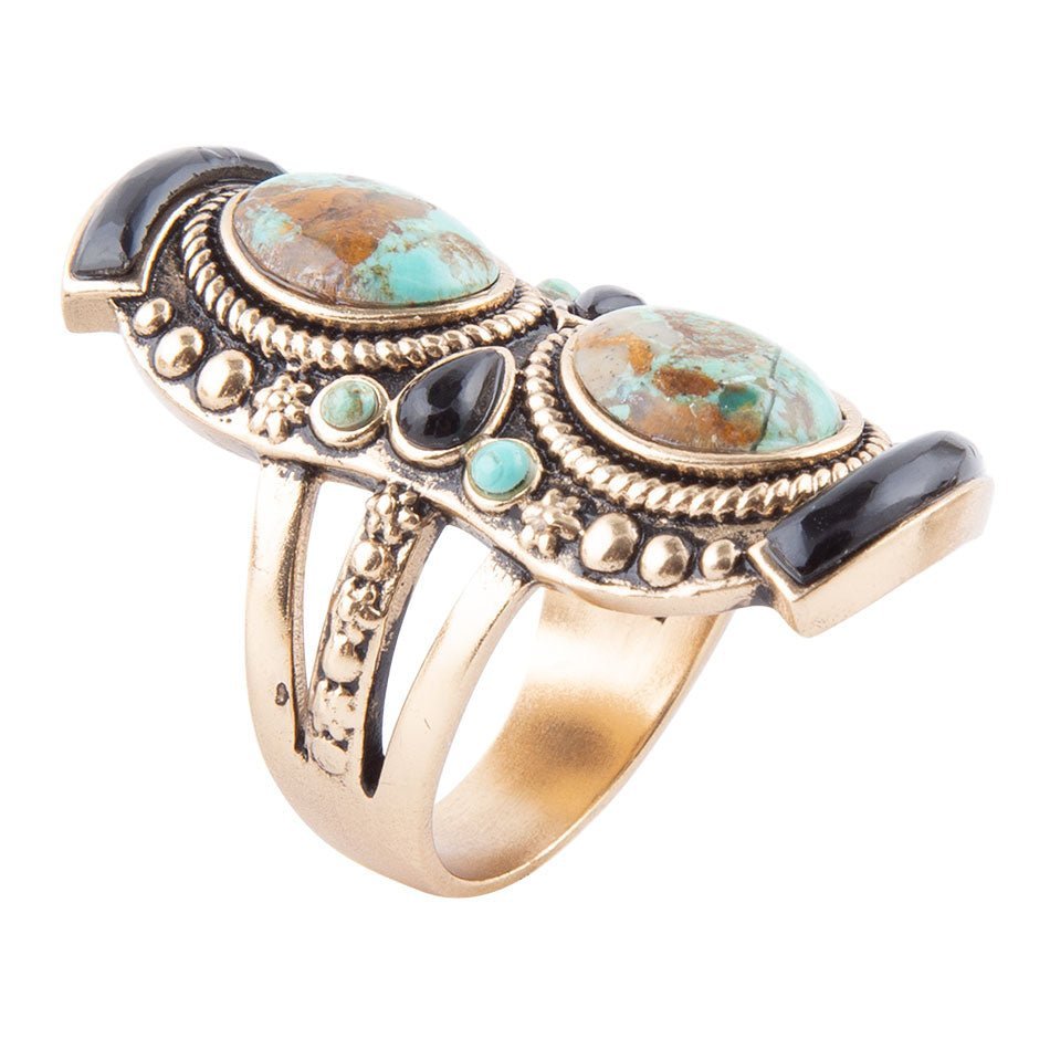 Double Up Blue Turquoise and Black Onyx Golden Ring - Barse Jewelry
