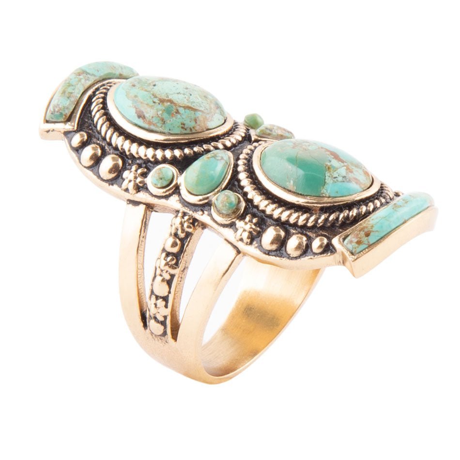 Double Blue Turquoise Golden Shield Ring - Barse Jewelry