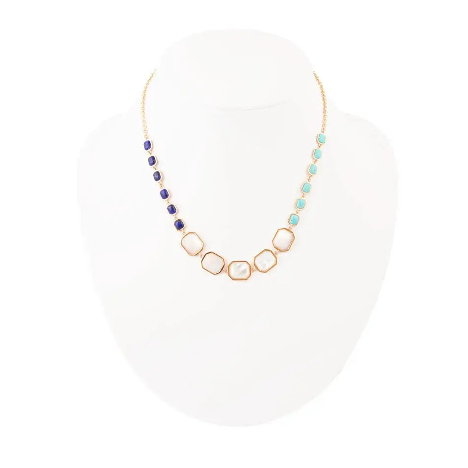 Dual Color Blue Lapis Turquoise and White Mother of Pearl Golden Necklace - Barse Jewelry - Flyclothing LLC