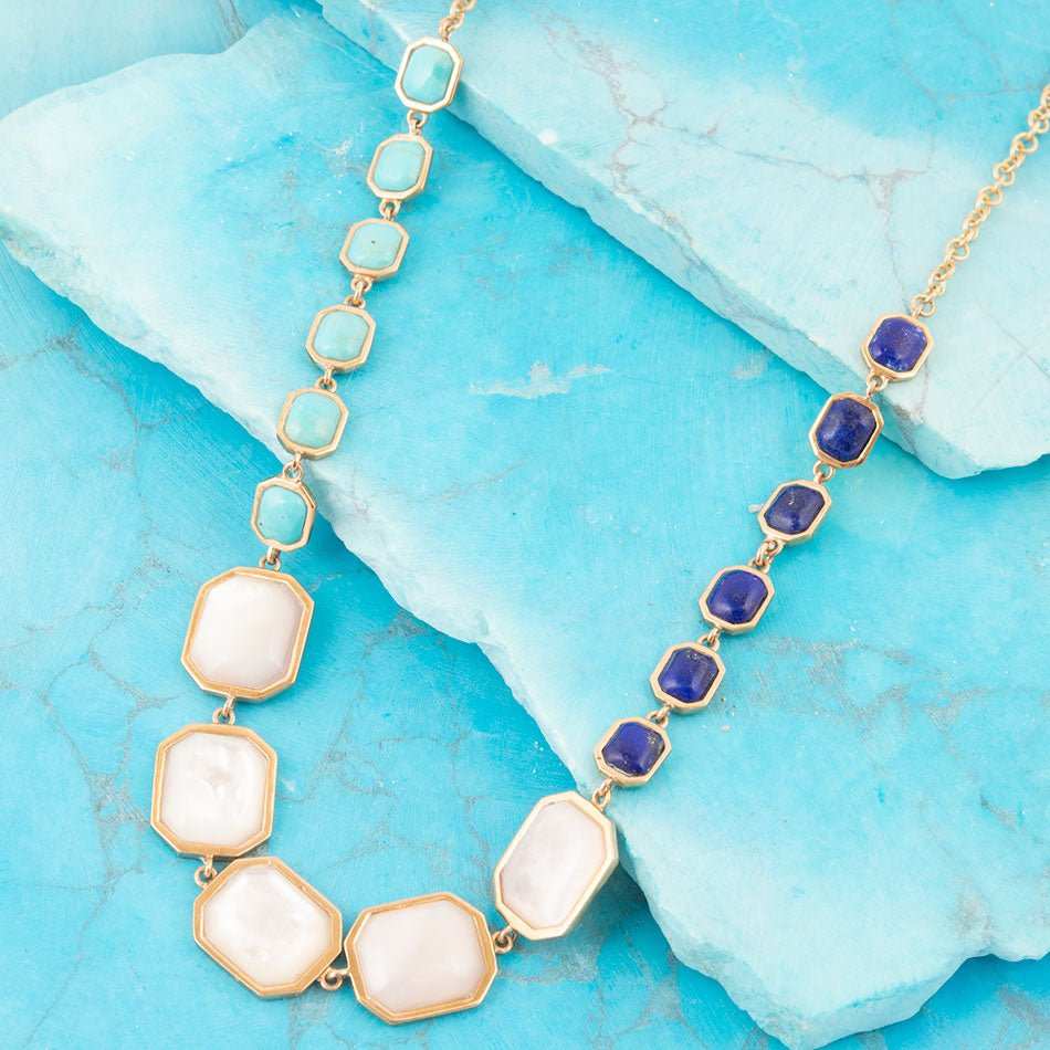 Dual Color Blue Lapis Turquoise and White Mother of Pearl Golden Necklace - Barse Jewelry - Flyclothing LLC