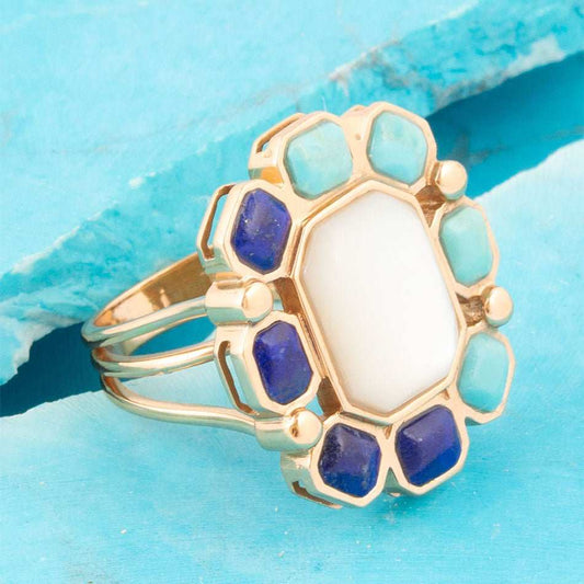 Dual Color Blue Lapis Turquoise and White Mother of Pearl Golden Ring - Barse Jewelry - Flyclothing LLC