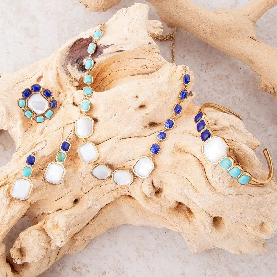 Dual Color Blue Lapis Turquoise and White Mother of Pearl Golden Necklace - Barse Jewelry - Flyclothing LLC