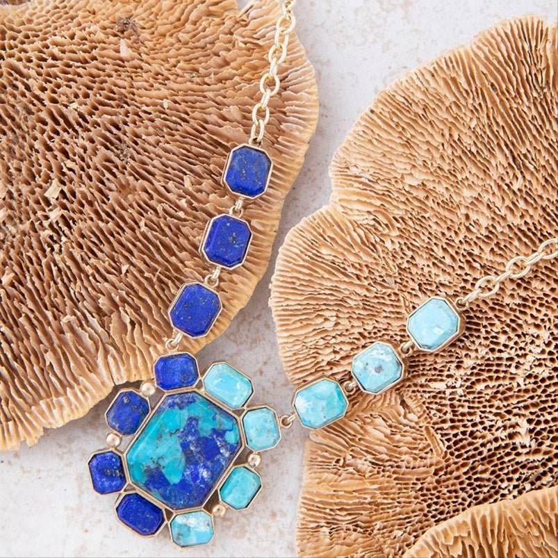 Duality Blue Lapis and Turquoise Golden Pendant Necklace - Barse Jewelry - Flyclothing LLC