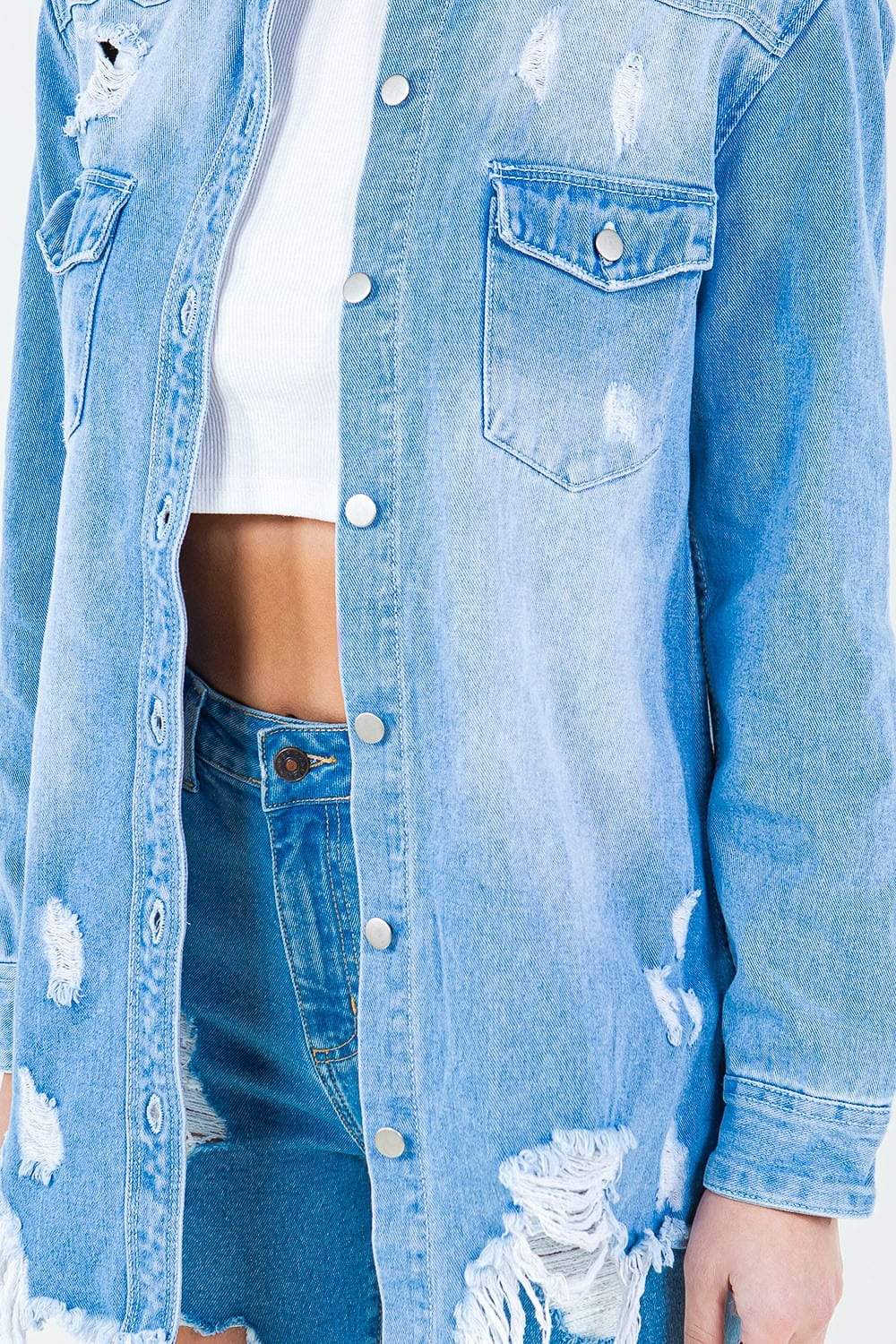 American Bazi Frayed Hem Distressed Denim Shirt Jacket - Trendsi - Flyclothing LLC