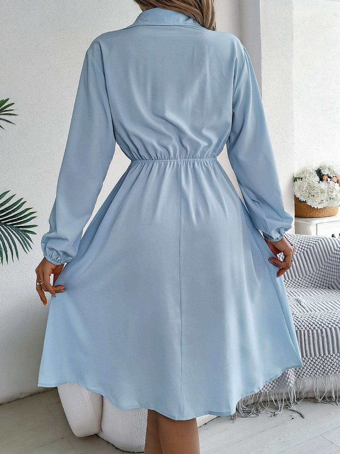 Collared Neck Long Sleeve Dress with Pockets - Trendsi