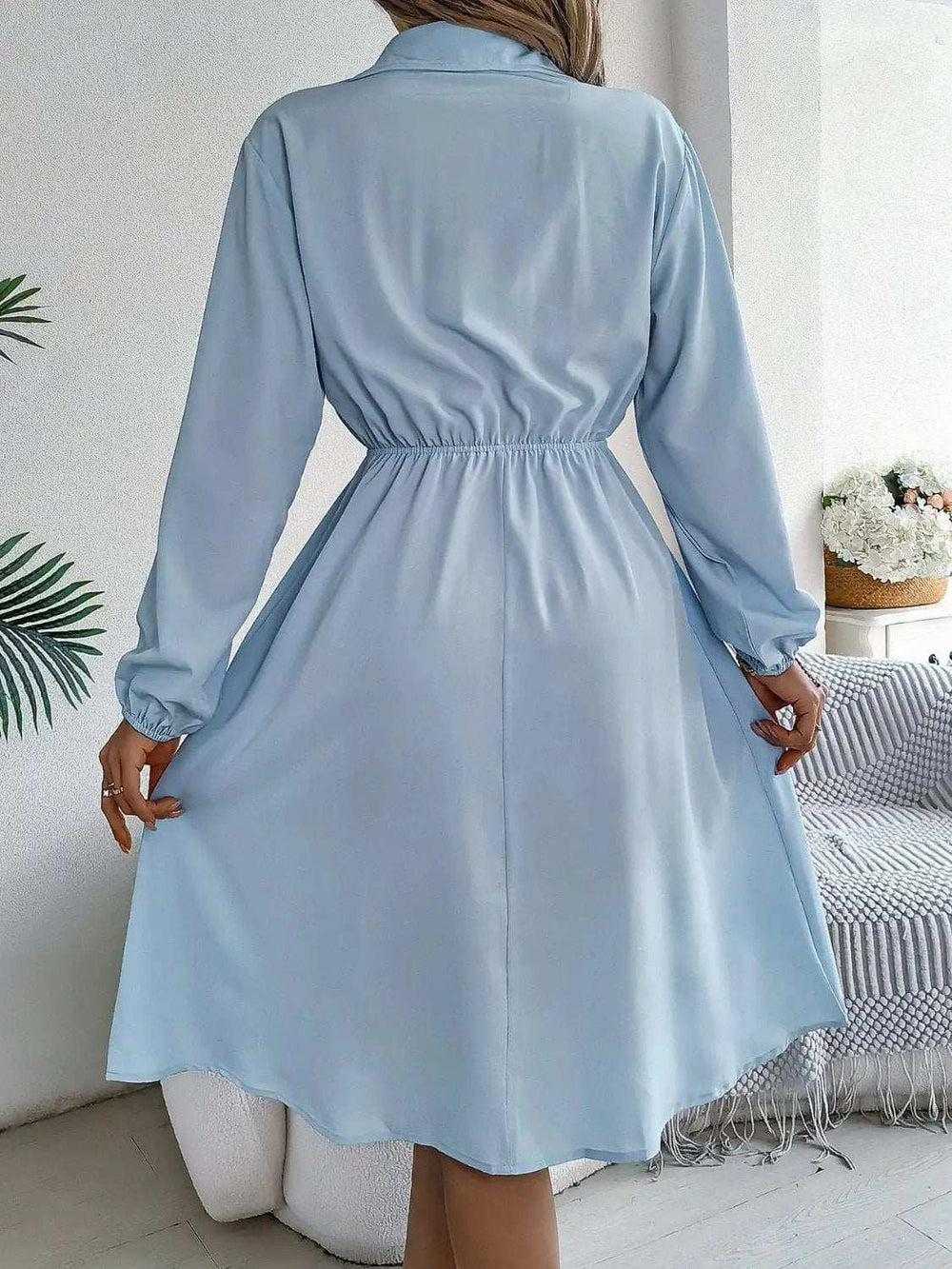 Collared Neck Long Sleeve Dress with Pockets - Trendsi - Flyclothing LLC