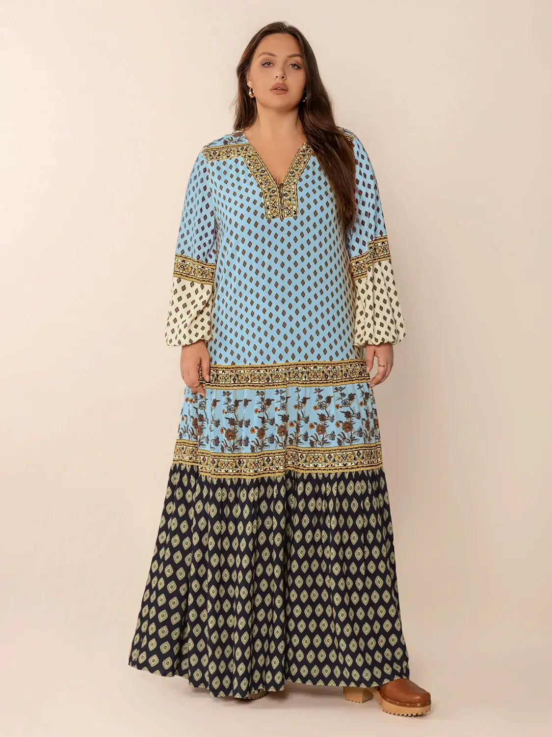 Plus Size Printed V-Neck Balloon Sleeve Maxi Dress - Trendsi - Flyclothing LLC