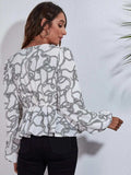 Ruched Printed V-Neck Long Sleeve Blouse - Trendsi - Flyclothing LLC