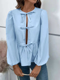 Ivy Lane Peplum Tied Long Sleeve Blouse - Trendsi - Flyclothing LLC