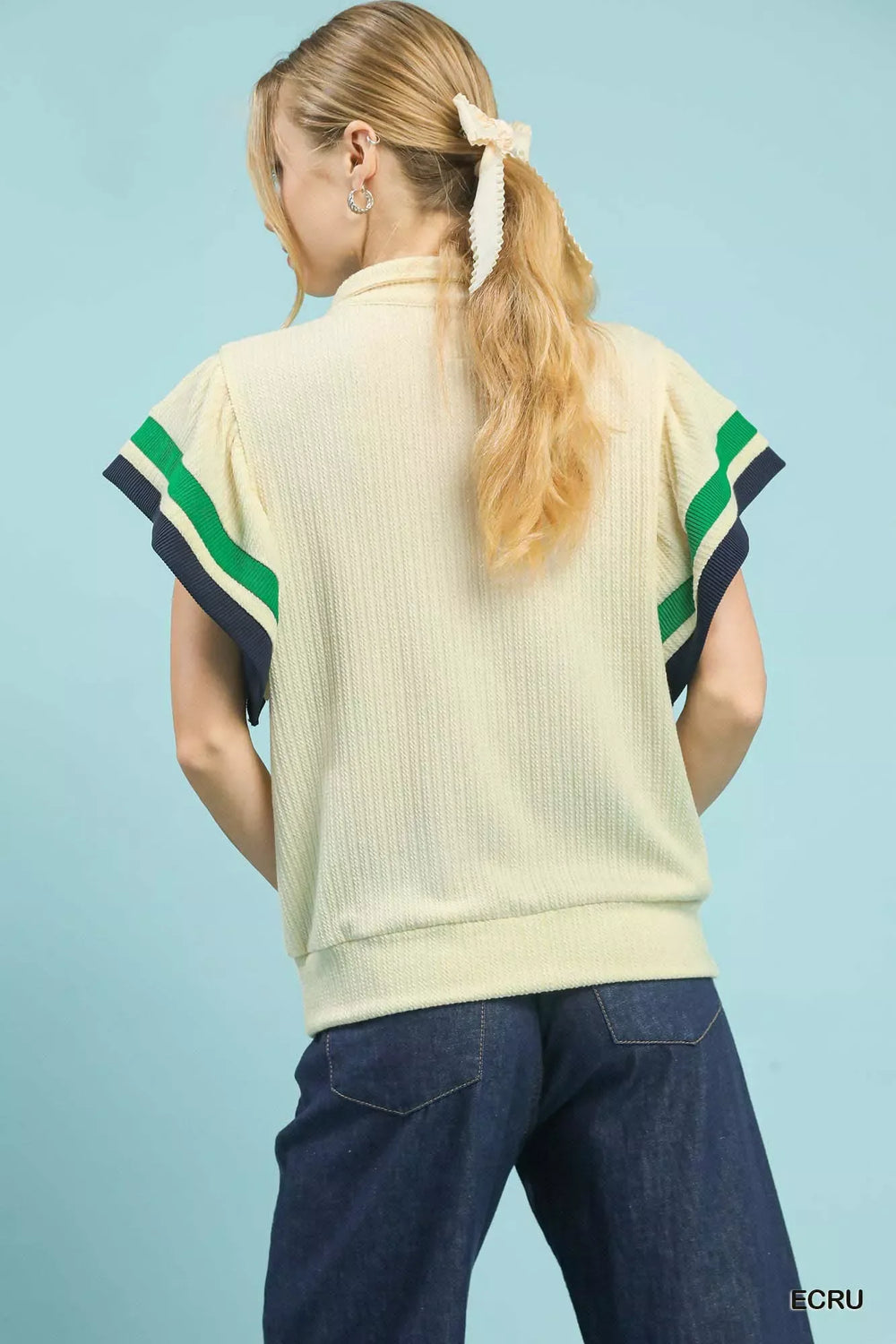 Umgee Textured Half Zip Top with Striped Flutter Sleeves - Trendsi - Flyclothing LLC