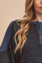 Aemi + Co Side Slit Button Detail Contrast Shoulder Sweatshirt - Trendsi - Flyclothing LLC