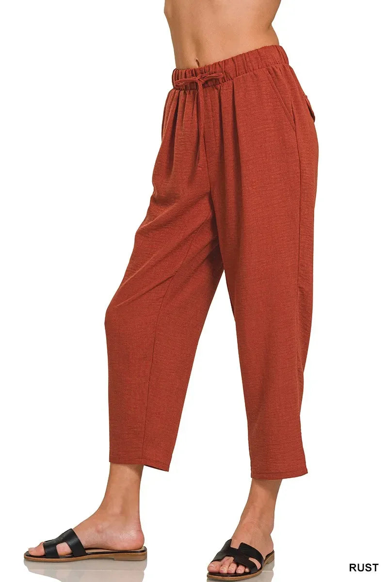Zenana Woven Crepe Elastic Band Waist Pants - Trendsi - Flyclothing LLC