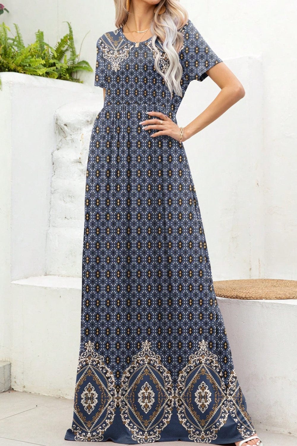 Printed Round Neck Short Sleeve Maxi Dress - Trendsi
