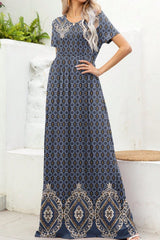 Printed Round Neck Short Sleeve Maxi Dress - Trendsi
