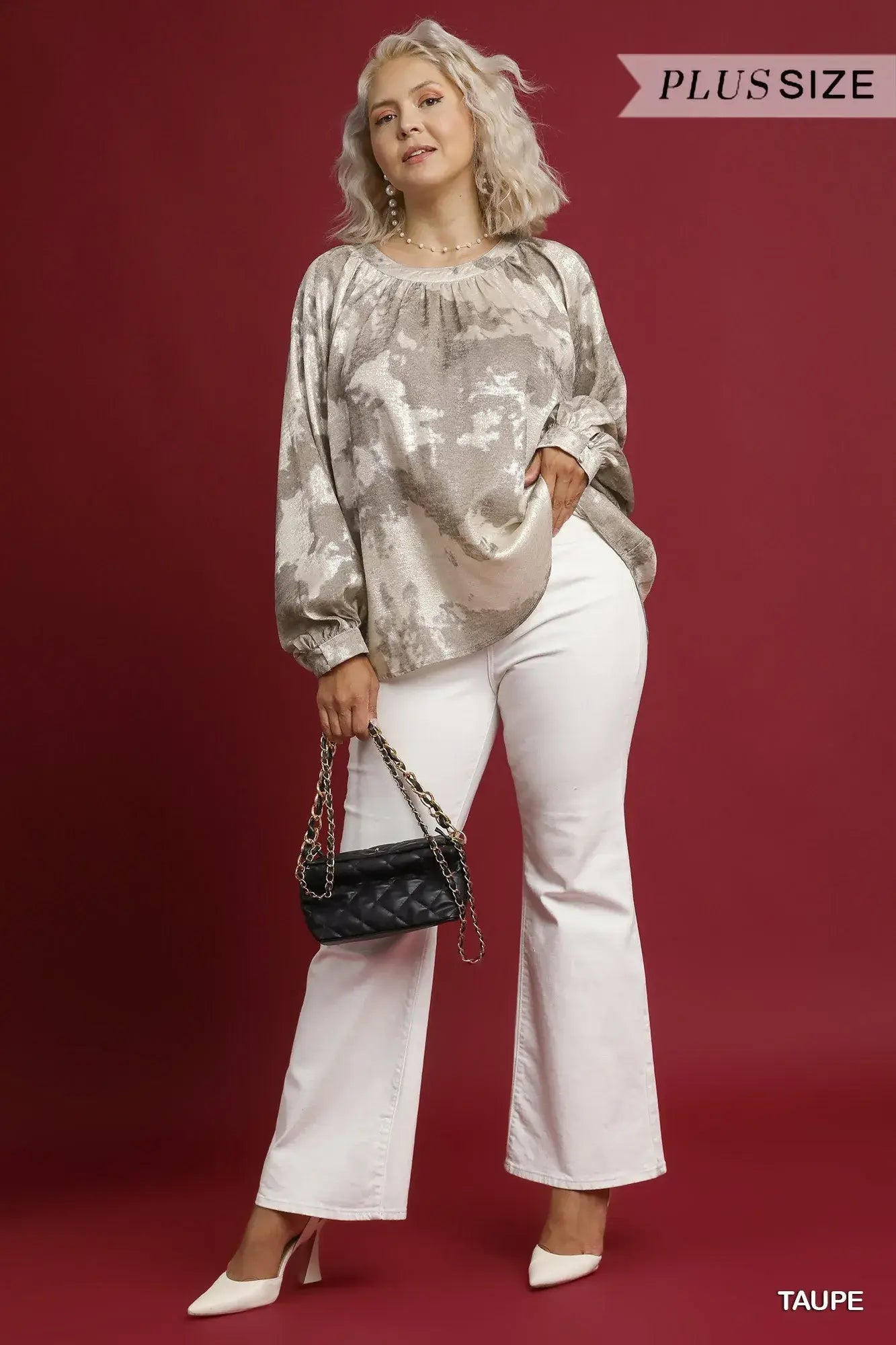 Umgee Full Size Metallic Fabric Blouse with Balloon Sleeves Plus Size - Trendsi - Flyclothing LLC