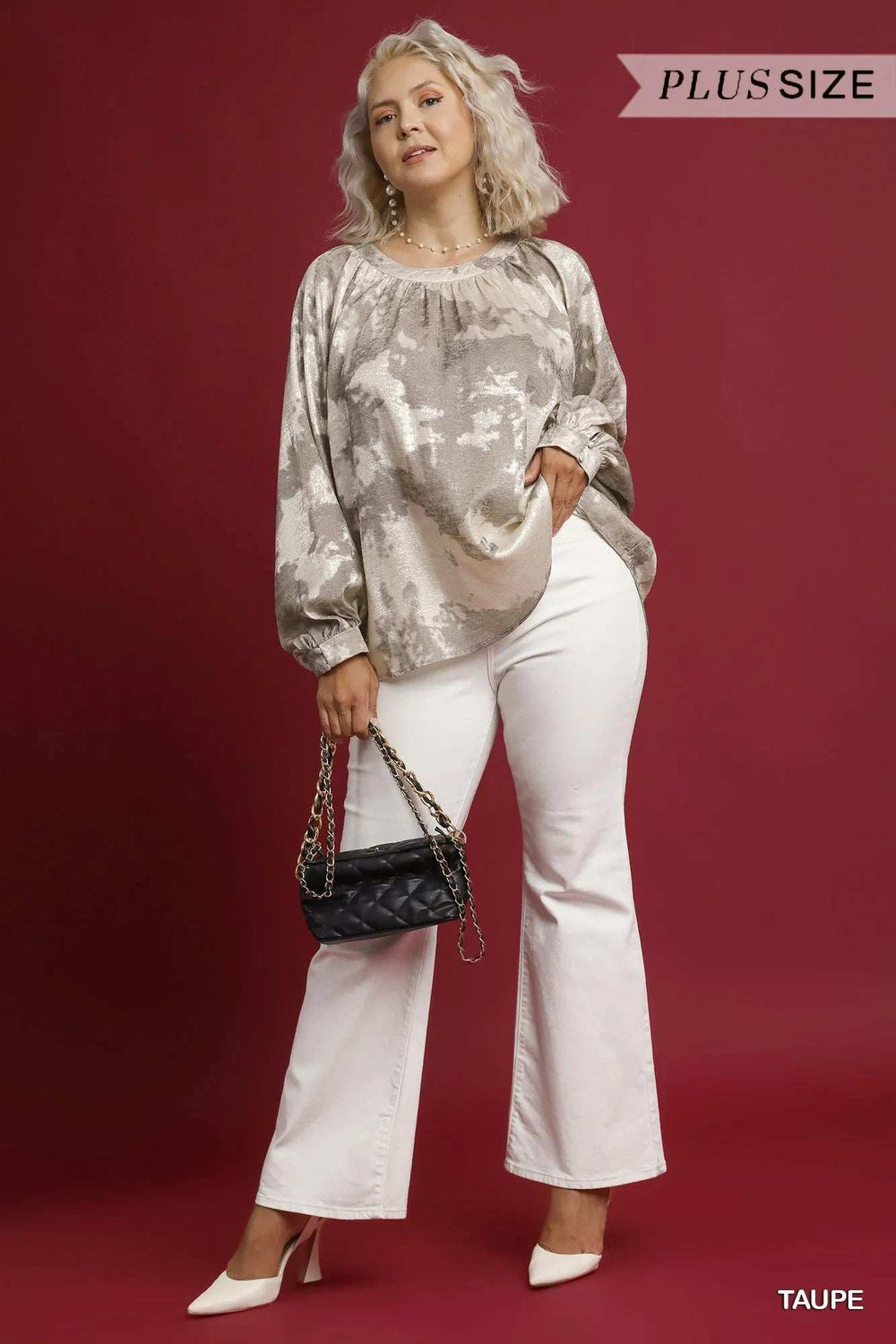 Umgee Full Size Metallic Fabric Blouse with Balloon Sleeves Plus Size - Trendsi - Flyclothing LLC