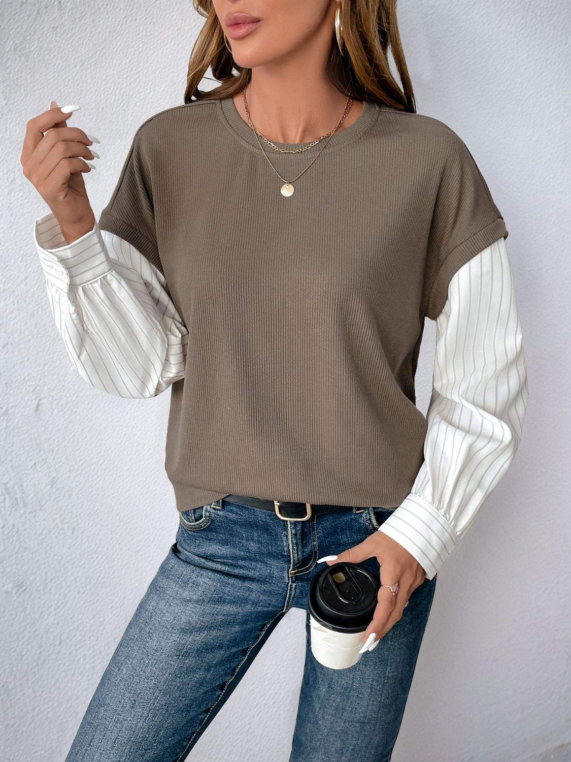 Perfee Round Neck Striped Sleeve Sweatshirt - Trendsi - Flyclothing LLC