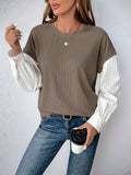 Perfee Round Neck Striped Sleeve Sweatshirt - Trendsi