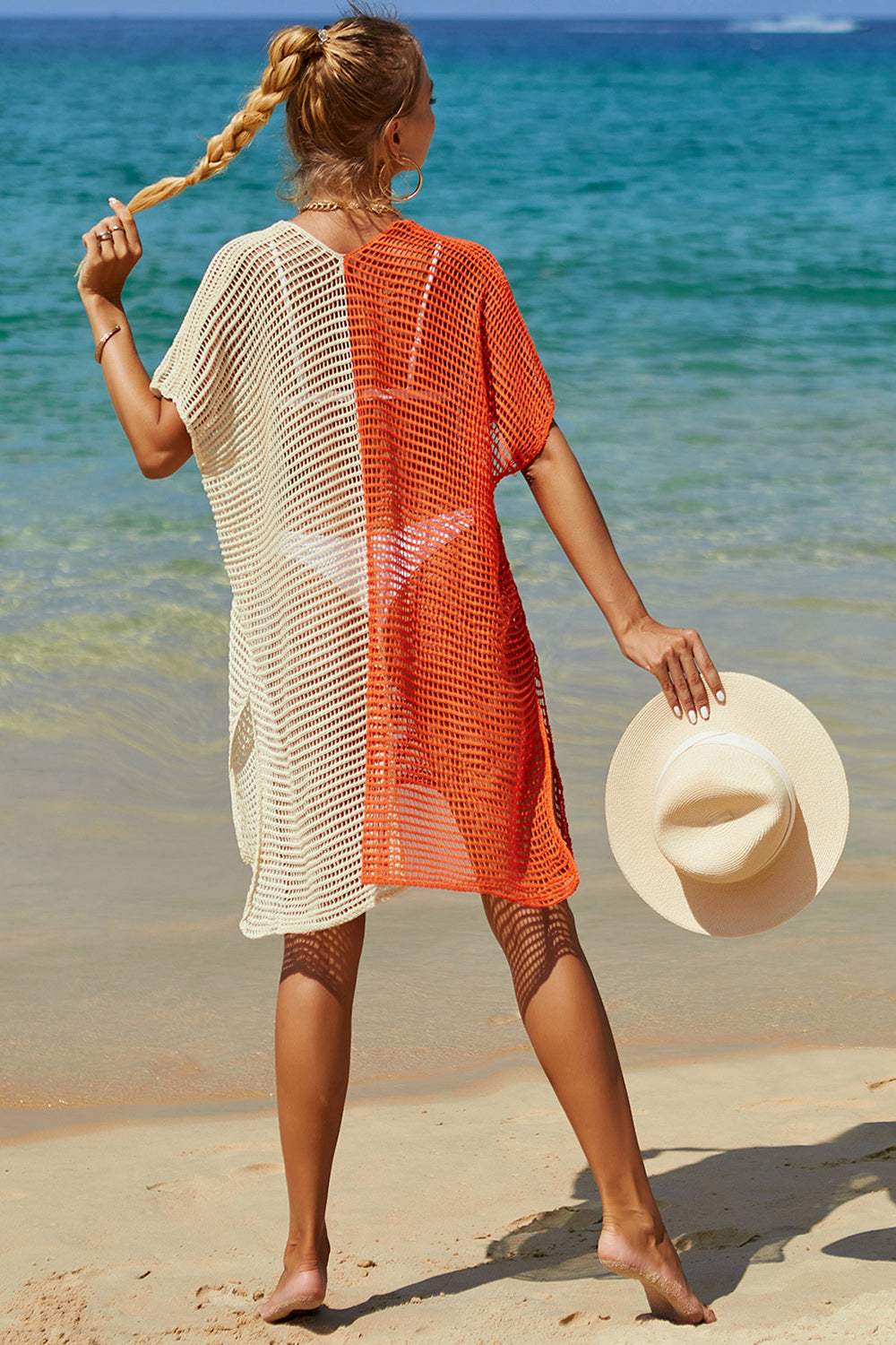 Double Take Openwork Contrast Slit Knit Cover Up - Trendsi - Flyclothing LLC