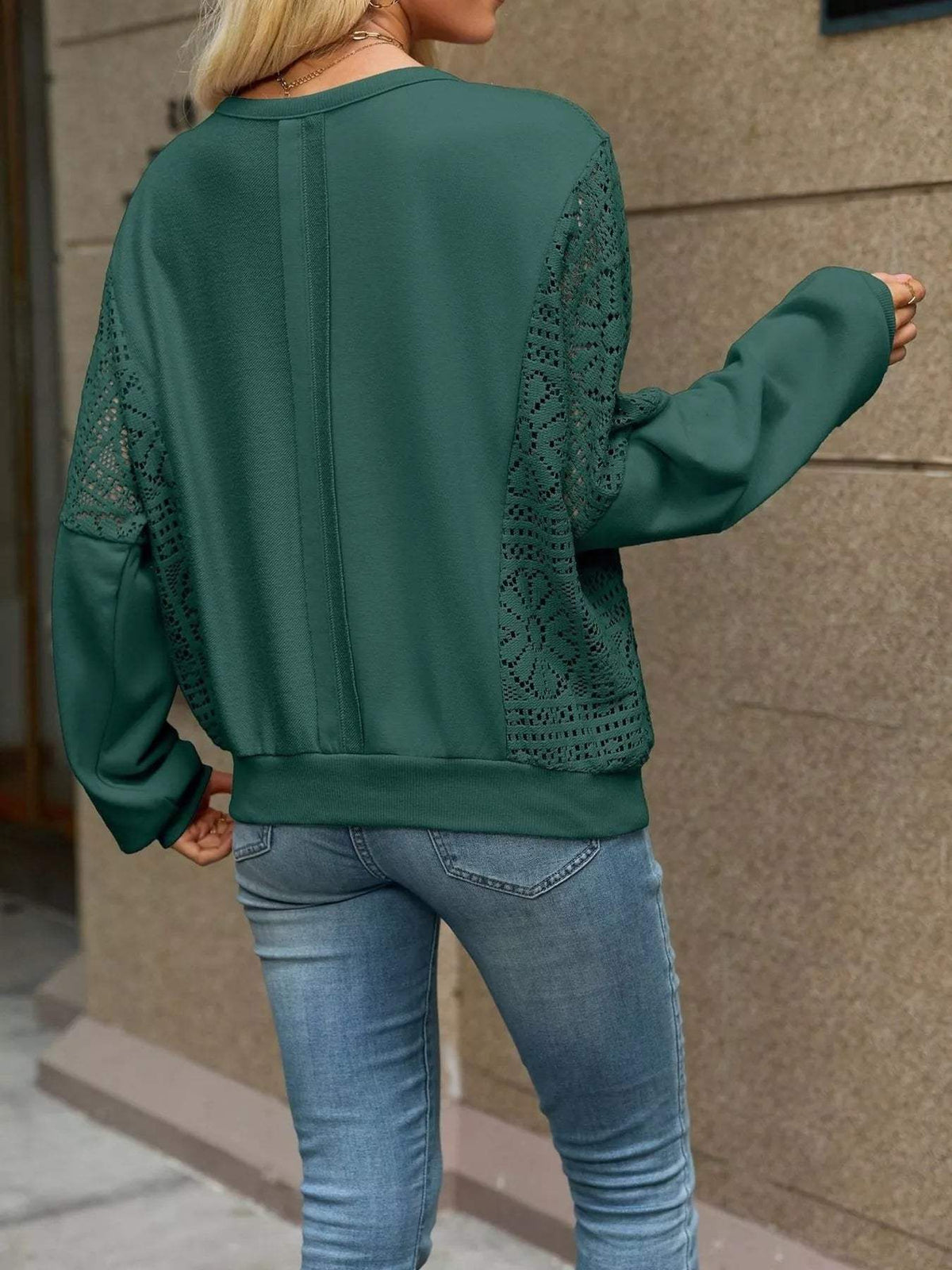 Lace Sleeve Crew Neck Sweatshirt - Trendsi - Flyclothing LLC