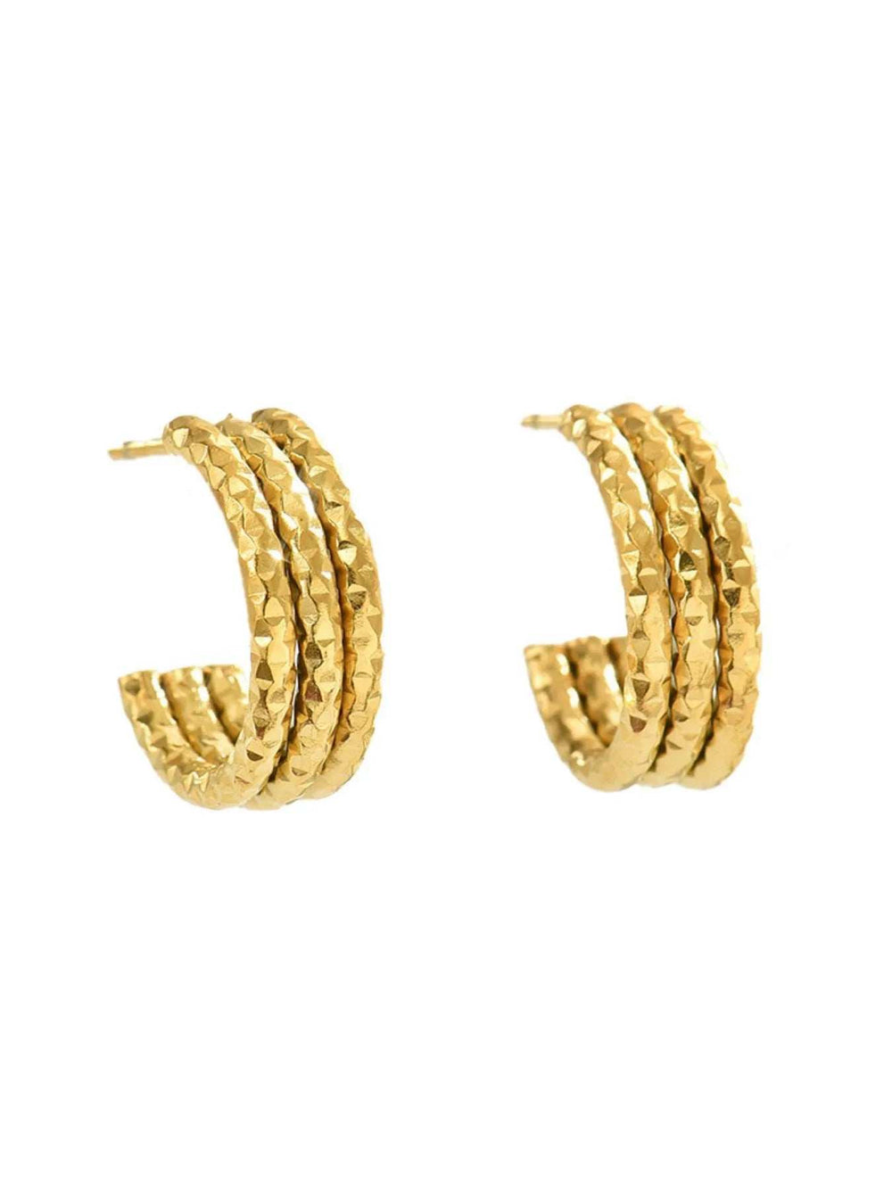18K Gold-Plated Textured Triple Band Hoop Earrings - Trendsi - Flyclothing LLC