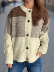 Color Block Round Neck Button Up Cardigan - Trendsi