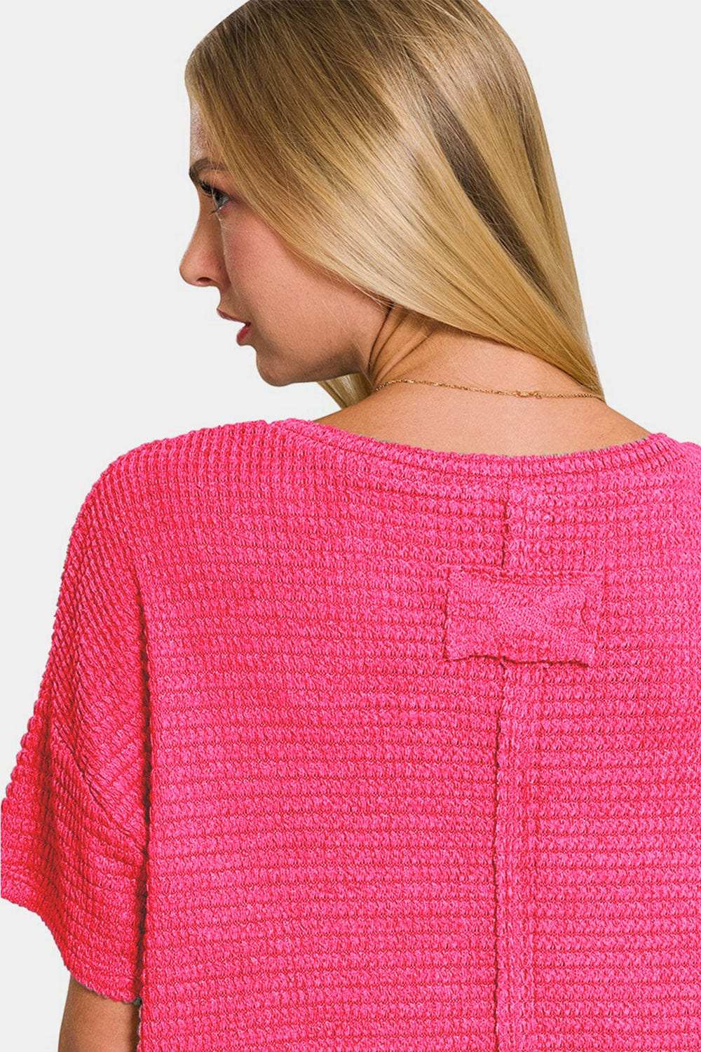 Zenana Drop Shoulder Short Sleeve Jacquard Knit Top - Trendsi - Flyclothing LLC