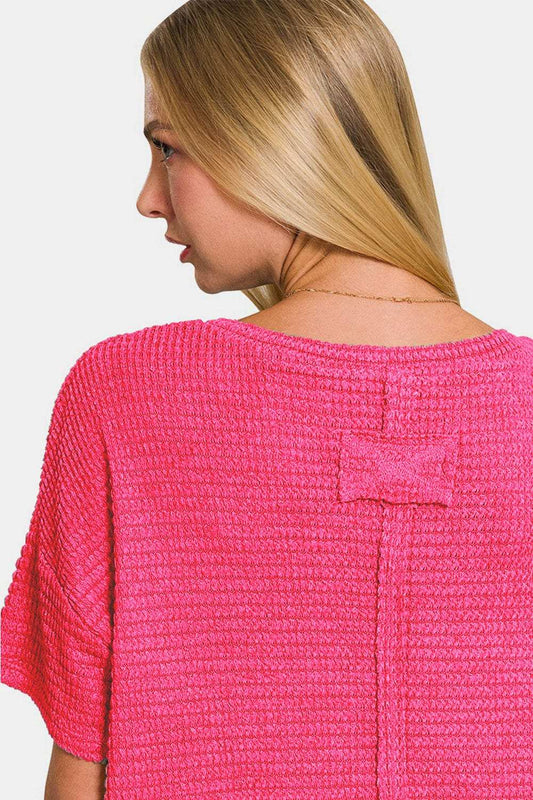 Zenana Drop Shoulder Short Sleeve Jacquard Knit Top - Trendsi - Flyclothing LLC