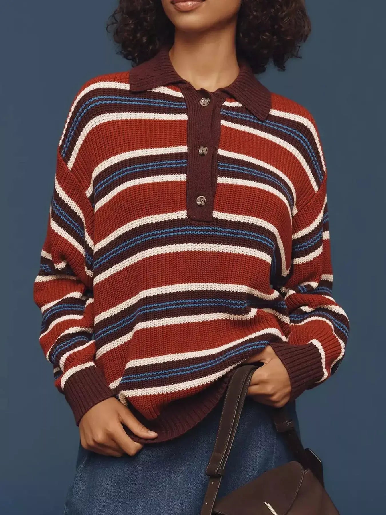 Striped Button Detail Polo Collar Sweater - Trendsi - Flyclothing LLC