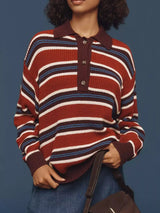 Striped Button Detail Polo Collar Sweater - Trendsi - Flyclothing LLC