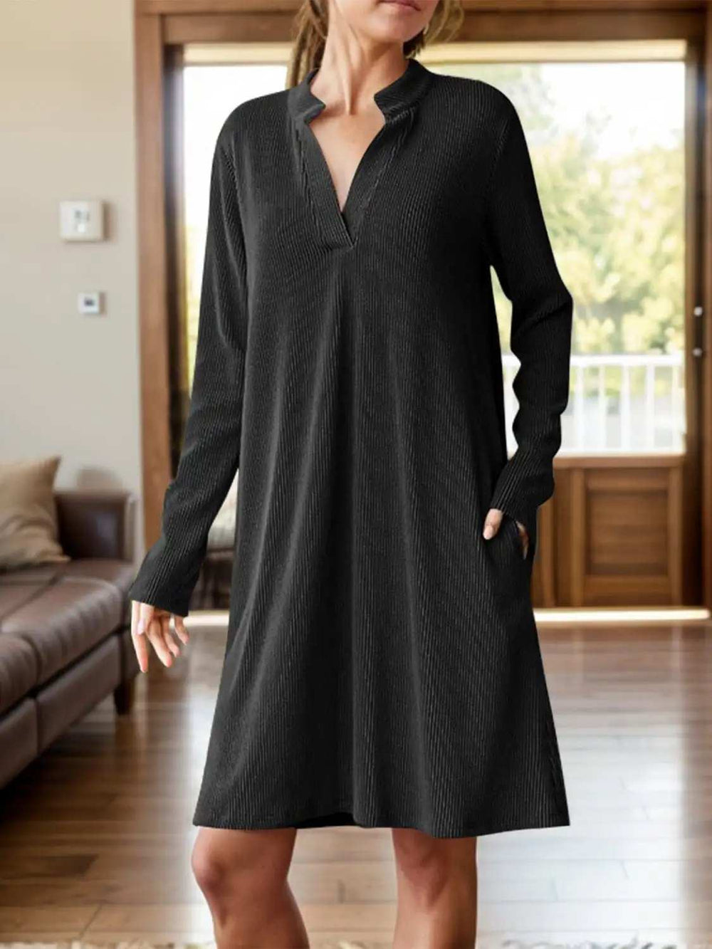 Notched Long Sleeve Mini Dress with Pockets - Trendsi - Flyclothing LLC