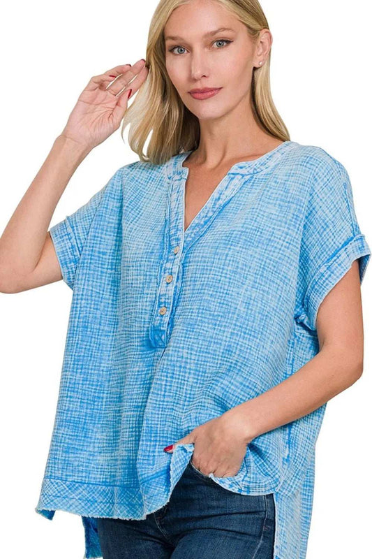 Zenana Washed Double Gauze 3/4 Button Henley Neck Shirt - Trendsi - Flyclothing LLC