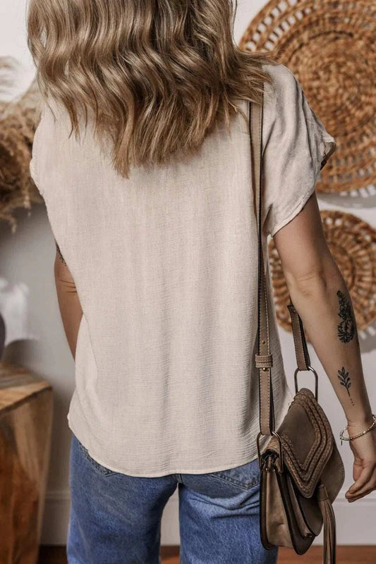 Geometric Embroidered Short Sleeve Tassel Tie Neck Blouse - Trendsi - Flyclothing LLC