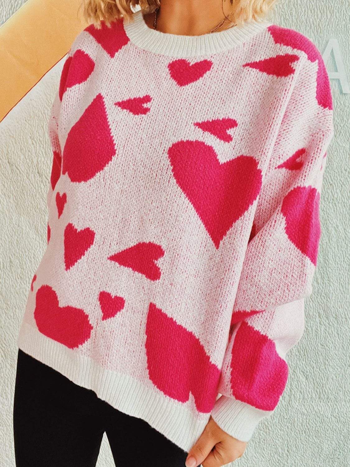 Heart Round Neck Long Sleeve Sweater - Trendsi - Flyclothing LLC