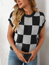 Mandy Checkered Round Neck Cap Sleeve Knit Top - Trendsi - Flyclothing LLC