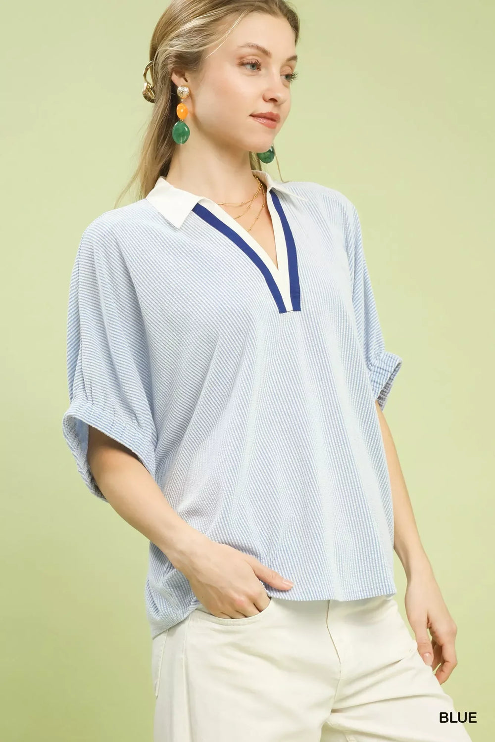 Contrast Collar V-Neck Top - Trendsi - Flyclothing LLC