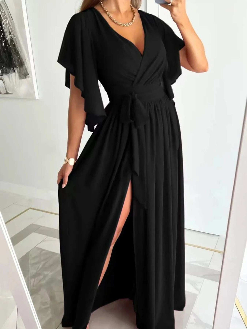 Flutter Sleeve Surplice Tie Waist Dress - Trendsi - Flyclothing LLC