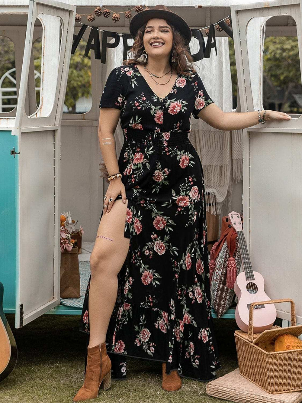 Plus Size Button Detail Printed V-Neck Short Sleeve Maxi Dress - Trendsi - Flyclothing LLC