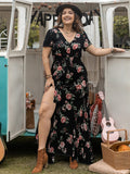 Plus Size Button Detail Printed V-Neck Short Sleeve Maxi Dress - Trendsi